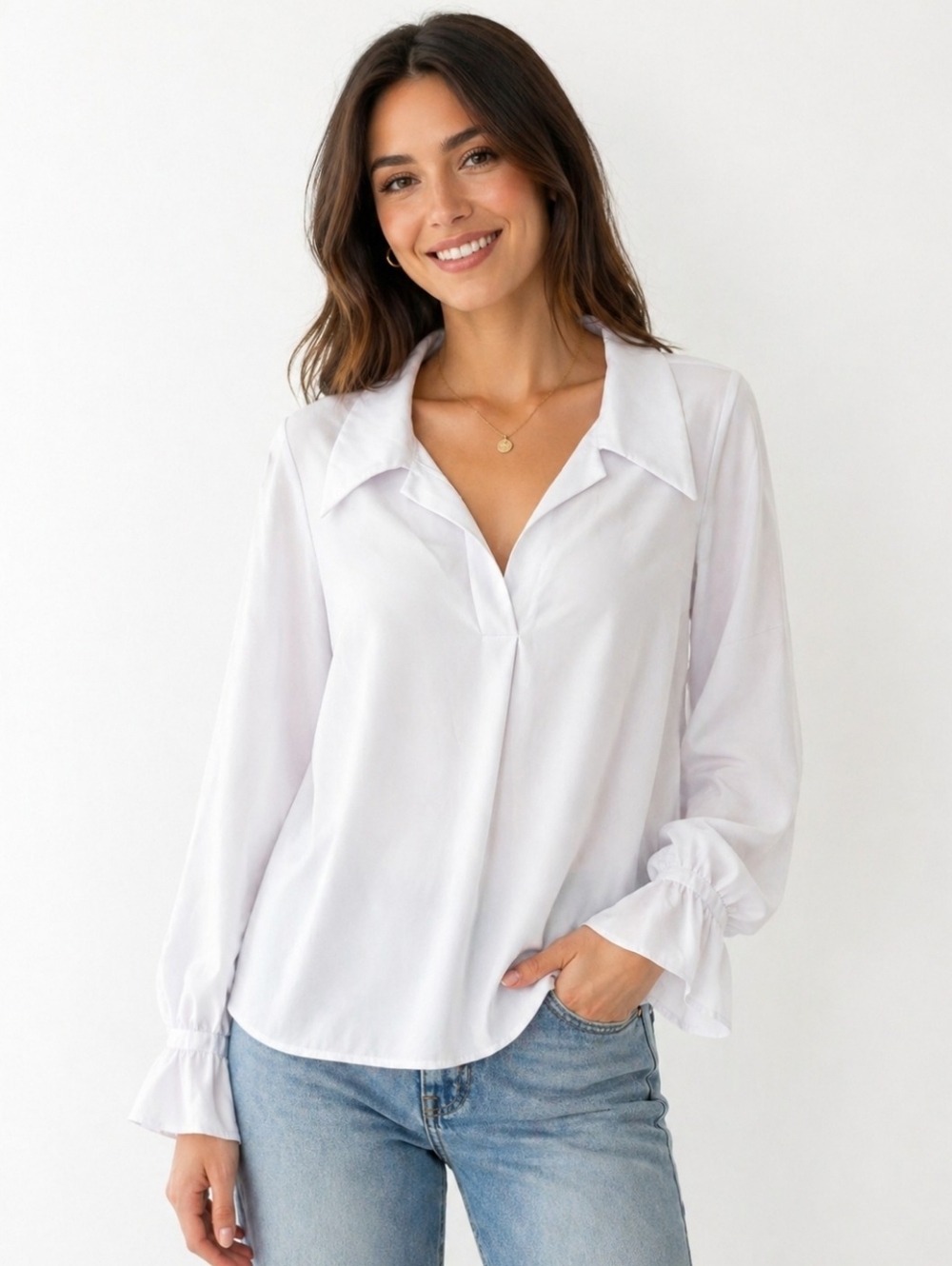 Women's White V-Neck Long-Sleeve Blouse Size Large